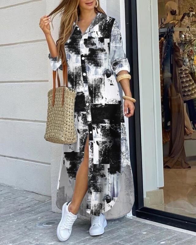 Damen Langarmhemdkleid mit elegantem Charme und reichhaltigem Grafikdruck EB