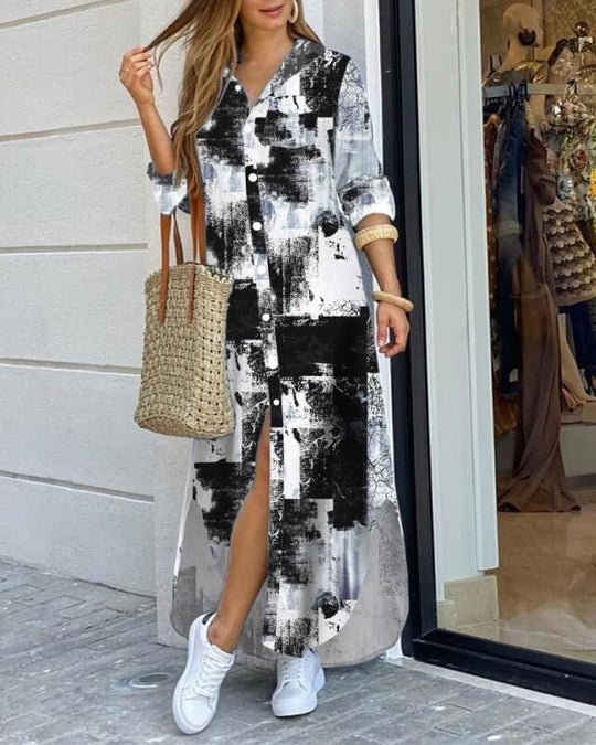 Damen Langarmhemdkleid mit elegantem Charme und reichhaltigem Grafikdruck EB