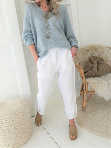 Damen lässiger Strickpullover mit überschnittenen Schultern und bequemen Bund EB