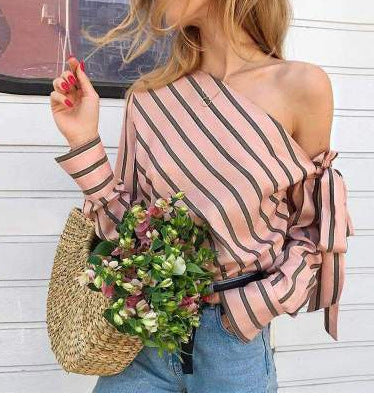 Damen asymmetrische Bluse mit Streifenmuster und Off-Shoulder Design EB