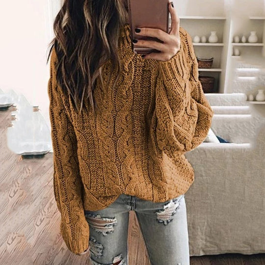 Damen lässiger Grobstrickpullover mit romantischem Zopfmuster EB