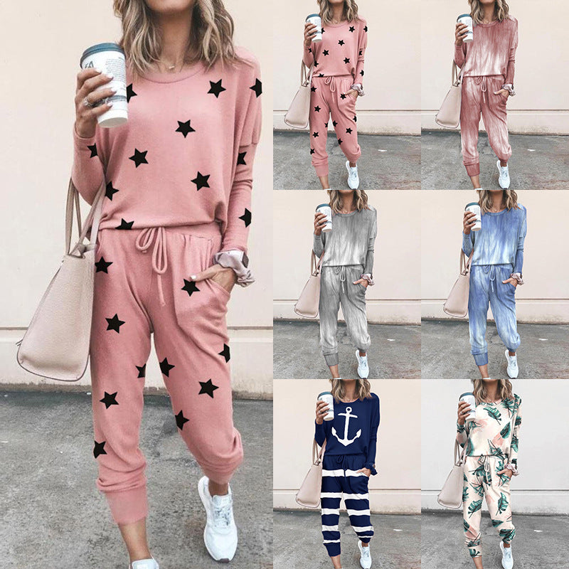 Damen Freizeit-Loungewear-Set mit floralem Muster und elastischem Bund EB