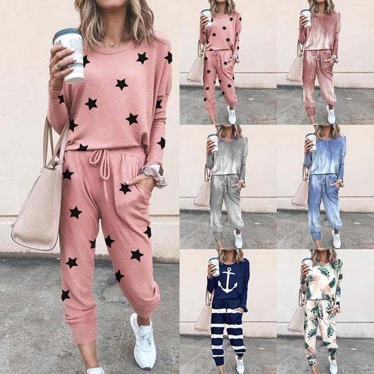 Damen Freizeit-Loungewear-Set mit floralem Muster und elastischem Bund EB