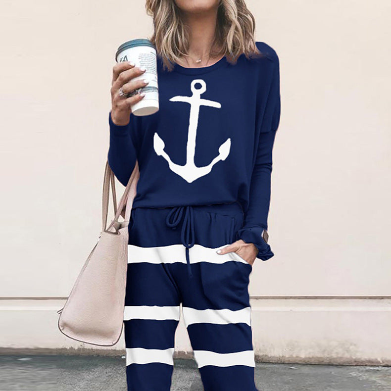 Damen Freizeit-Loungewear-Set mit floralem Muster und elastischem Bund EB