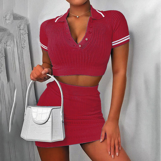 Damen modisches Crop-Top und Mini-Rock Set mit feinem Rippdesign EB