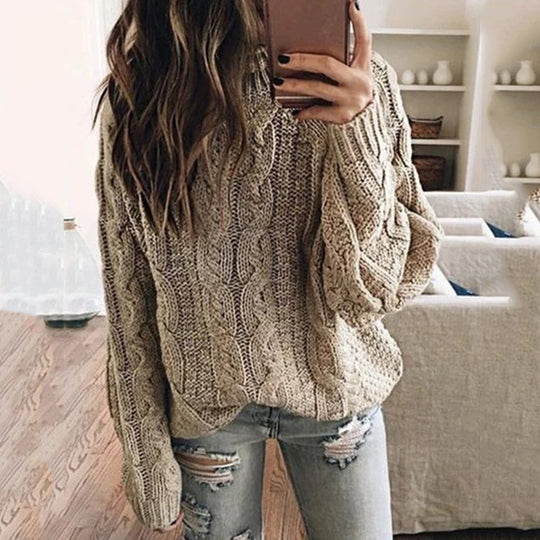Damen lässiger Grobstrickpullover mit romantischem Zopfmuster EB