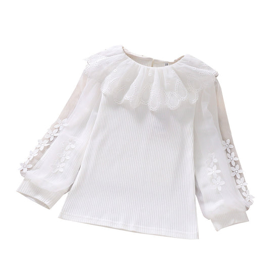 Mädchen Bluse mit transparenten Puffärmeln und Blumendekor EB