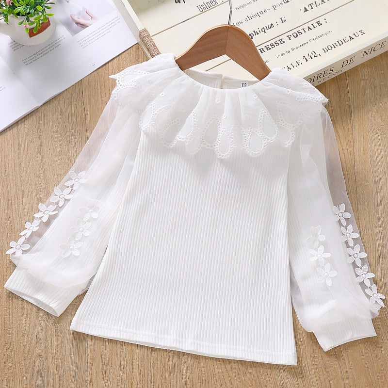 Mädchen Bluse mit transparenten Puffärmeln und Blumendekor EB