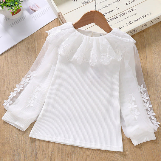 Mädchen Bluse mit transparenten Puffärmeln und Blumendekor EB