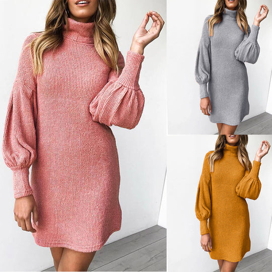 Damen kuscheliges Rippstrickkleid mit hohem Kragen und Puffärmeln EB
