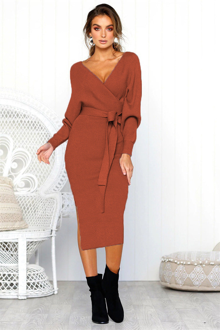 Damen Elegantes Wickelkleid mit tiefem V-Ausschnitt und Taillengürtel EB