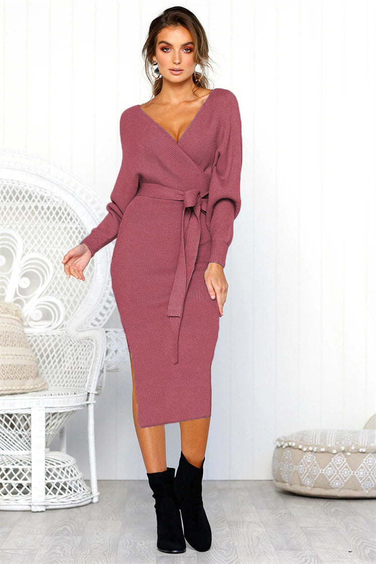Damen Elegantes Wickelkleid mit tiefem V-Ausschnitt und Taillengürtel EB