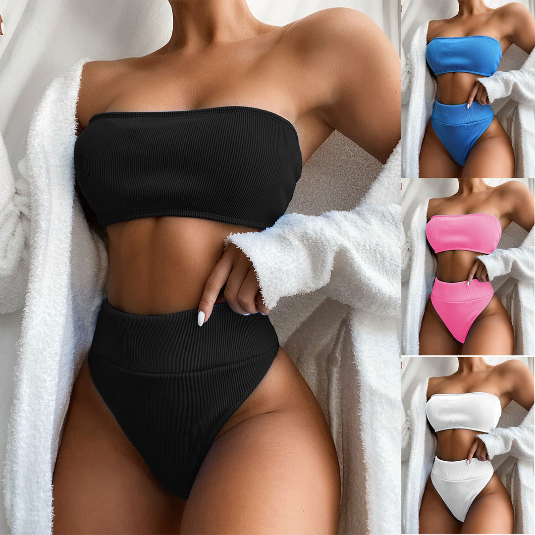 Damen Bandeau-Bikini-Set mit hoher Taille und strukturiertem Design EB
