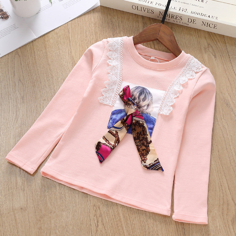 Mädchen Langarmshirt mit verspieltem Spitzenbesatz und modischem Schleifendetail EB
