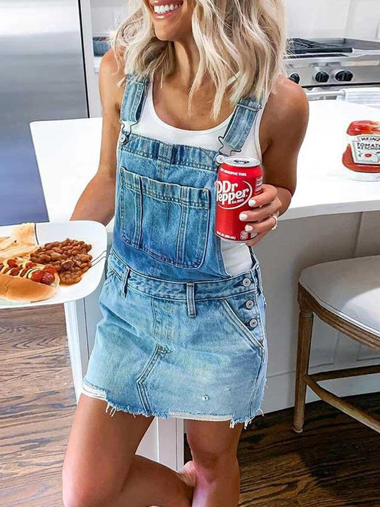 Damen Latzkleid aus hochwertigen Denim mit stylischen Knopfdetails EB