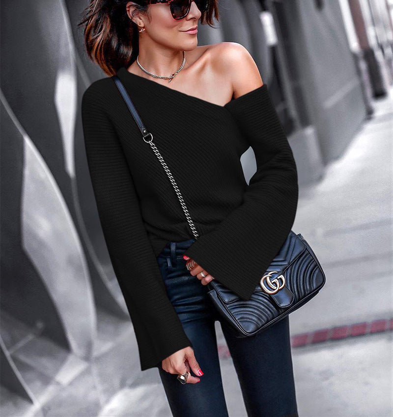 Damen asymmetrischer Grobstrickpullover mit lässigen Bellärmeln EB