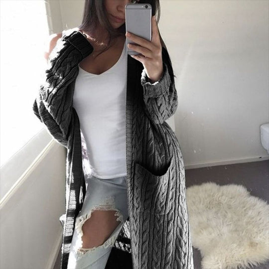 Damen gemusterter Strickmantel mit praktischen Taschen und offenem Schnitt EB