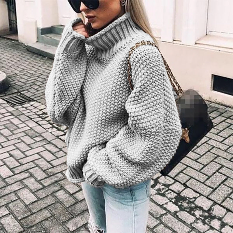 Damen Grobstrickpullover mit hohem Kragen und lässigem Schnitt EB