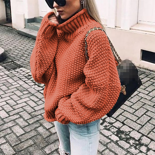 Damen Grobstrickpullover mit hohem Kragen und lässigem Schnitt EB