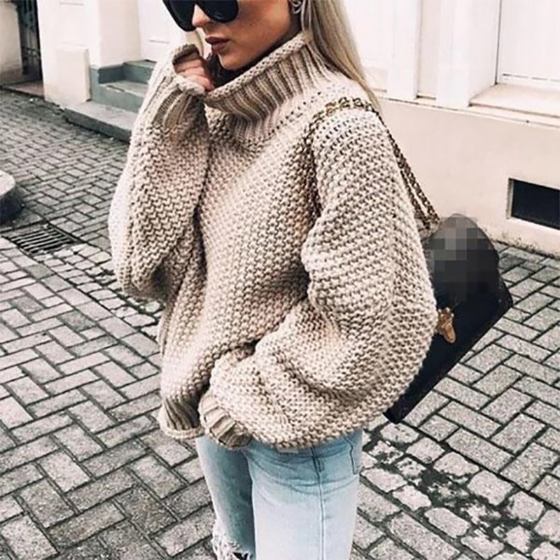 Damen Grobstrickpullover mit hohem Kragen und lässigem Schnitt EB