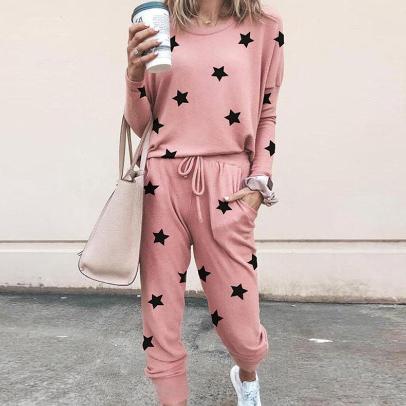 Damen Freizeit-Loungewear-Set mit floralem Muster und elastischem Bund EB