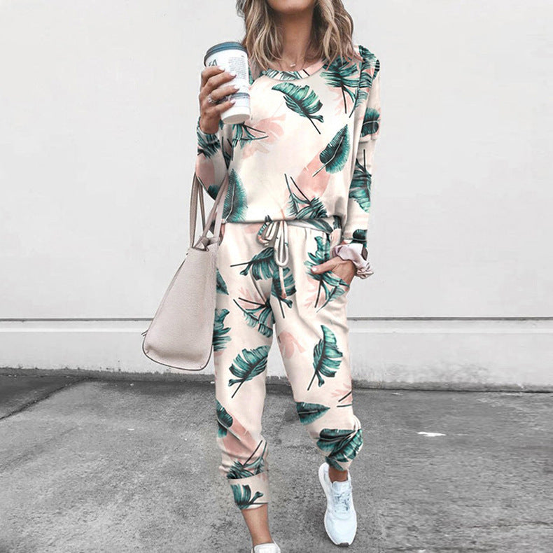 Damen Freizeit-Loungewear-Set mit floralem Muster und elastischem Bund EB