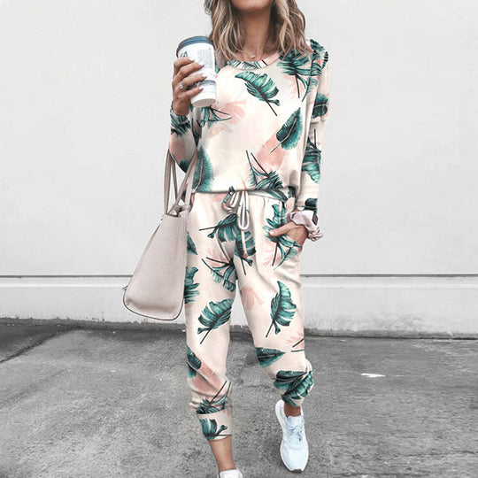 Damen Freizeit-Loungewear-Set mit floralem Muster und elastischem Bund EB