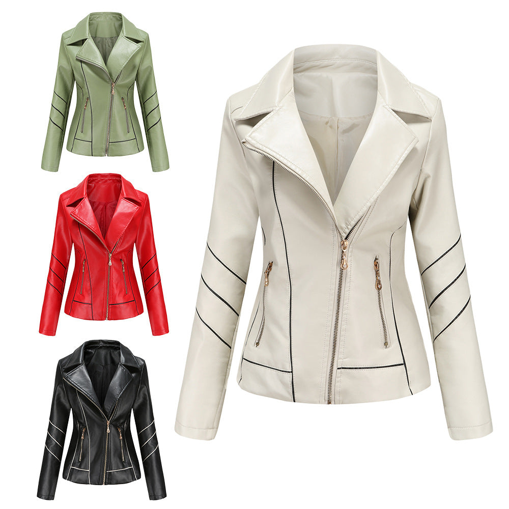 Damen nan taillierte Kunstleder-Bikerjacke mit asymmetrischem Reißverschluss und Ziernähten EB