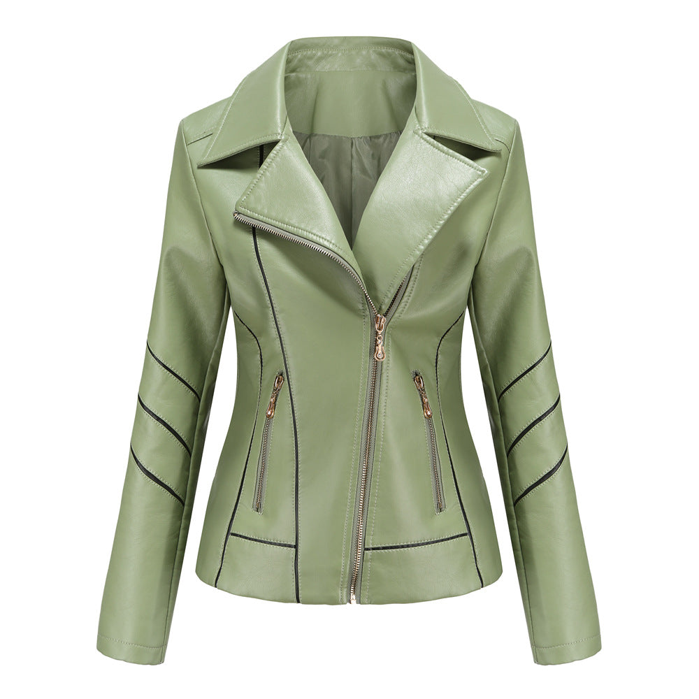 Damen nan taillierte Kunstleder-Bikerjacke mit asymmetrischem Reißverschluss und Ziernähten EB