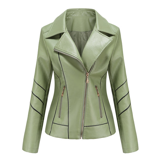 Damen nan taillierte Kunstleder-Bikerjacke mit asymmetrischem Reißverschluss und Ziernähten EB