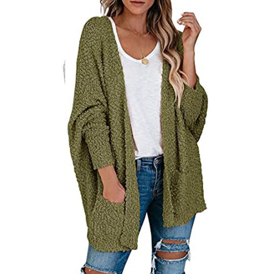 Damen gemütliche Strickjacke mit voluminösen Ärmeln und praktischen Taschen EB
