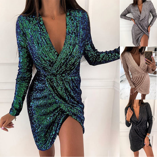 Damen Funkelndes Cocktailkleid mit V-Ausschnitt und langen Ärmeln EB