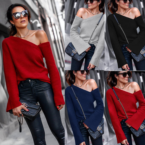 Damen asymmetrischer Grobstrickpullover mit lässigen Bellärmeln EB