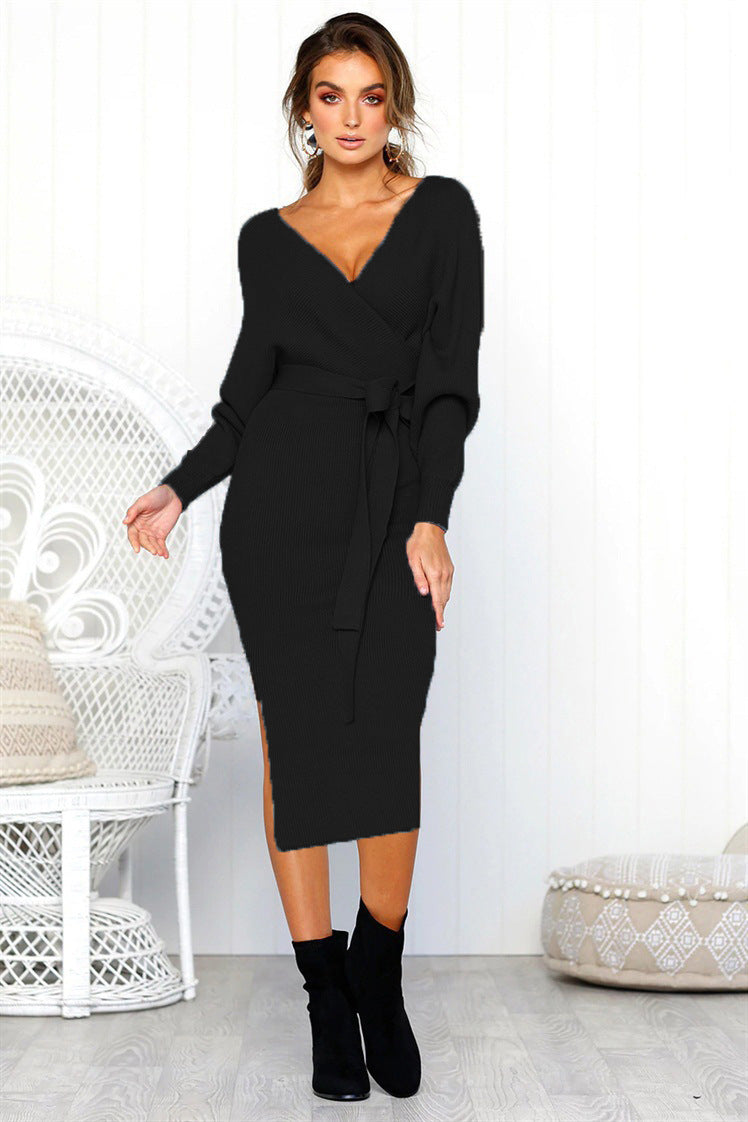 Damen Elegantes Wickelkleid mit tiefem V-Ausschnitt und Taillengürtel EB