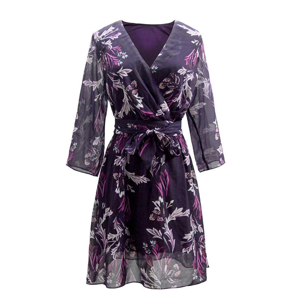 Damen Wickelkleid mit floralem Design und modischem Gürtel EB