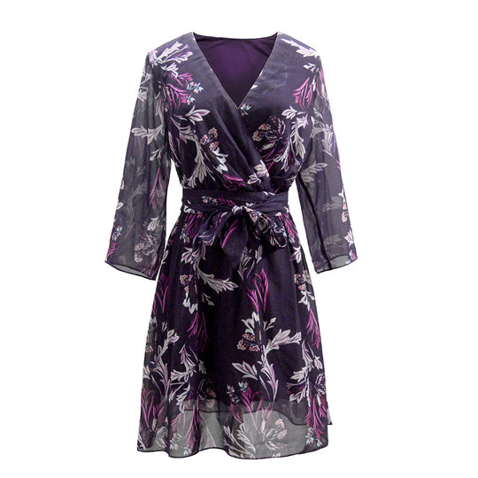 Damen Wickelkleid mit floralem Design und modischem Gürtel EB