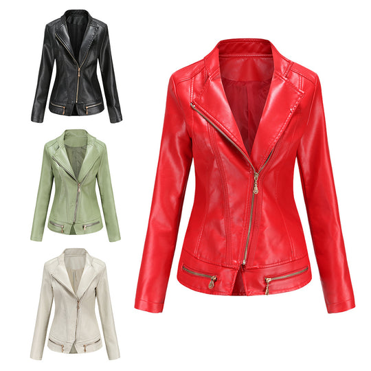 Damen nan taillierter Kunstleder-Blazer mit diagonalem Reißverschluss und Ziernähten EB