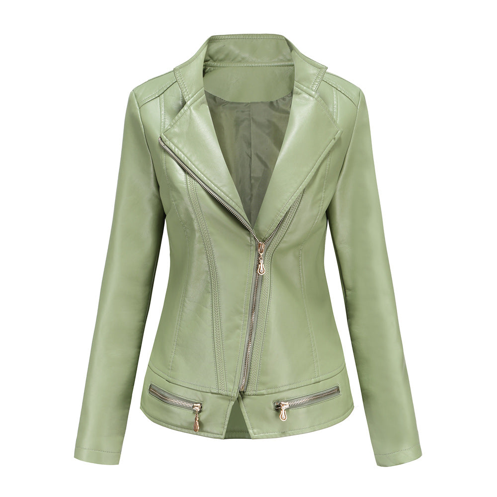 Damen schicke Kunstlederjacke mit tailliertem Schnitt und dekorativen Reißverschlüssen EB