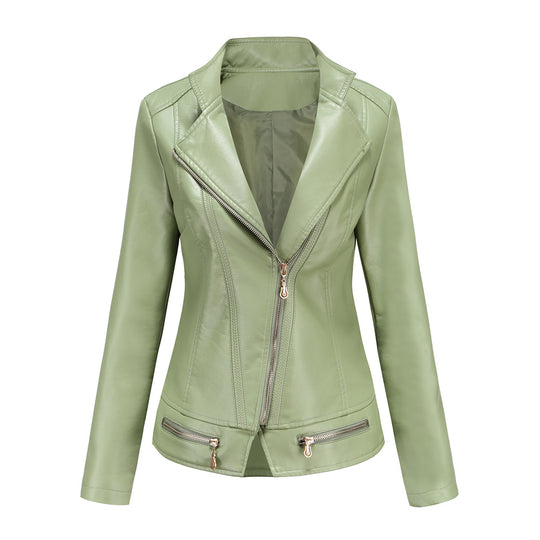 Damen schicke Kunstlederjacke mit tailliertem Schnitt und dekorativen Reißverschlüssen EB