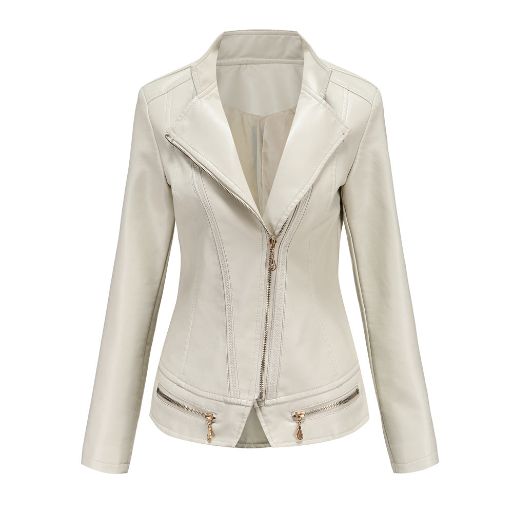 Damen schicke Kunstlederjacke mit tailliertem Schnitt und dekorativen Reißverschlüssen EB