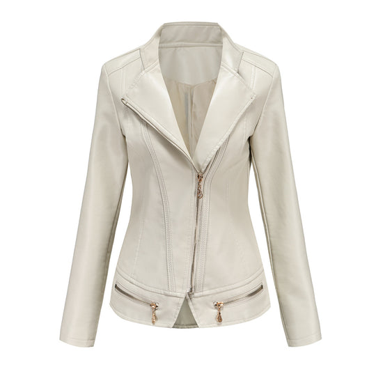 Damen nan taillierter Kunstleder-Blazer mit diagonalem Reißverschluss und Ziernähten EB