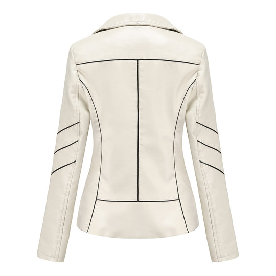 Damen nan taillierte Kunstleder-Bikerjacke mit asymmetrischem Reißverschluss und Ziernähten EB