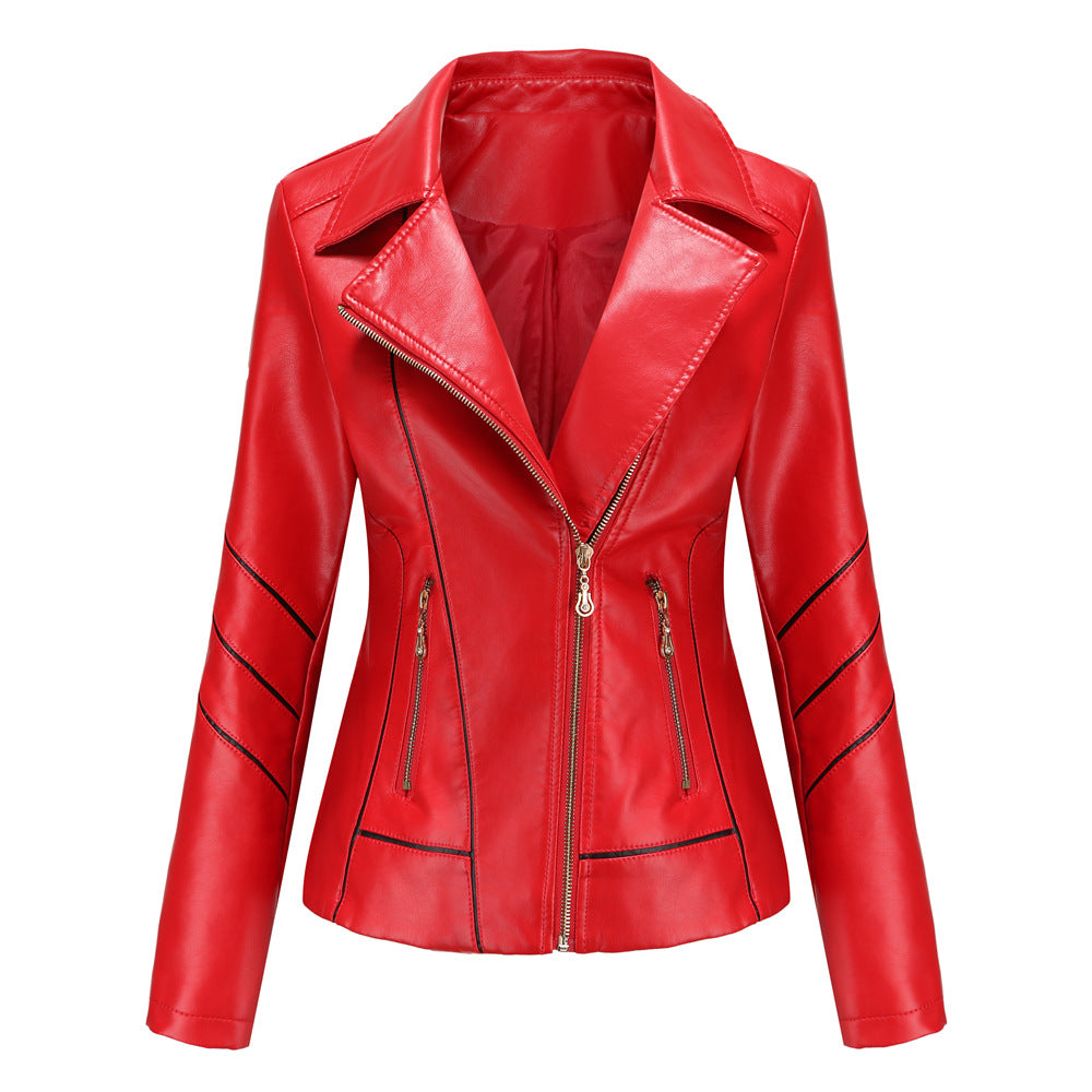 Damen nan taillierte Kunstleder-Bikerjacke mit asymmetrischem Reißverschluss und Ziernähten EB