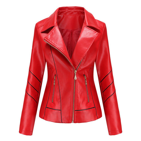 Damen nan taillierte Kunstleder-Bikerjacke mit asymmetrischem Reißverschluss und Ziernähten EB