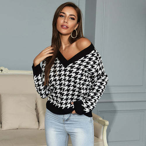 Damen Oversized Pullover mit modernem Hahnentrittmuster und tiefem V-Ausschnitt EB