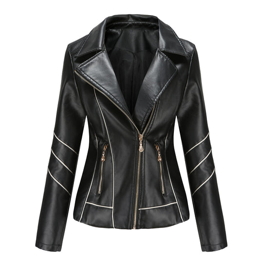 Damen nan taillierte Kunstleder-Bikerjacke mit asymmetrischem Reißverschluss und Ziernähten EB