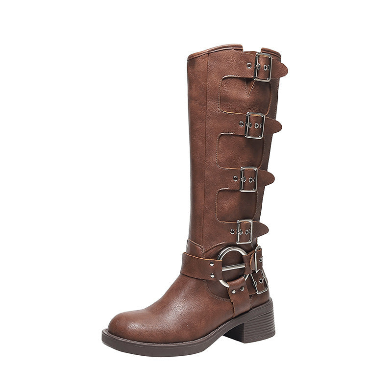 EB | Frauen Sommer Gürtel Schnalle Chunky Absatz Martin Stiefel