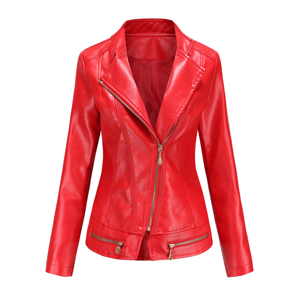 Damen nan taillierter Kunstleder-Blazer mit diagonalem Reißverschluss und Ziernähten EB