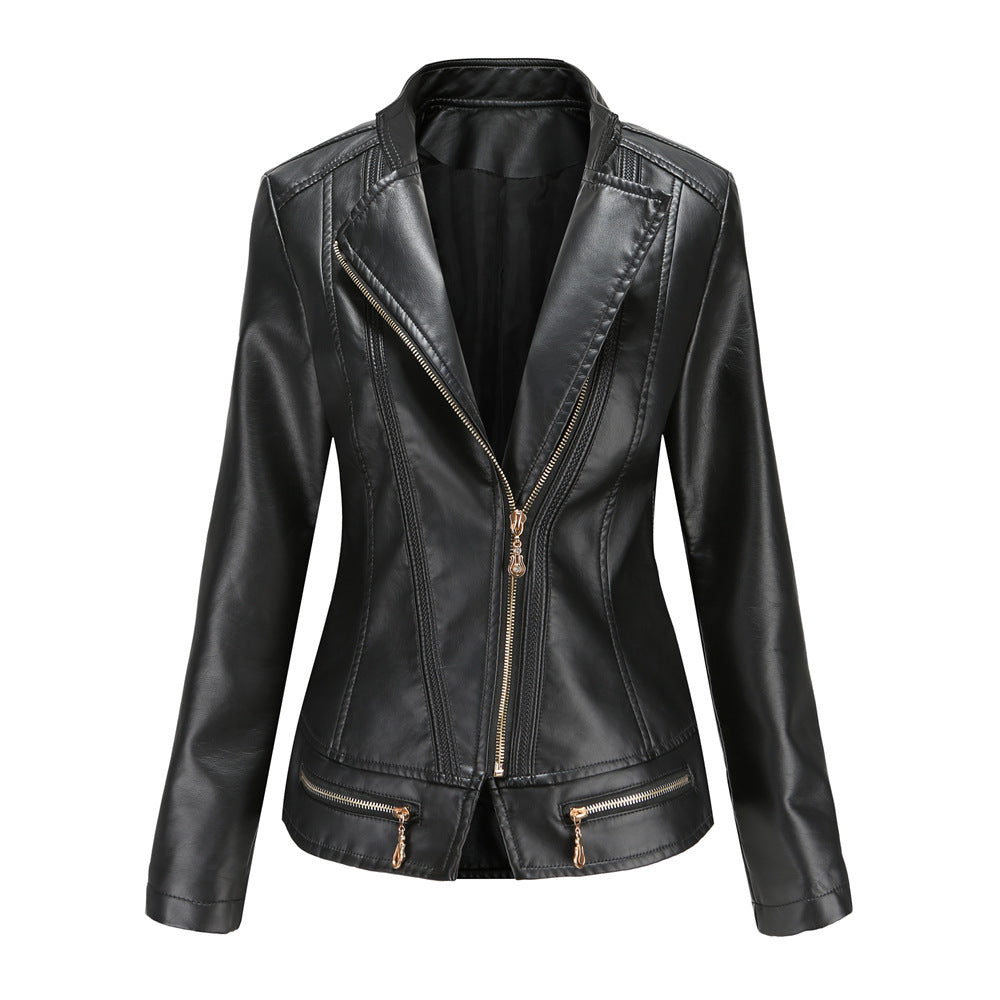 Damen schicke Kunstlederjacke mit tailliertem Schnitt und dekorativen Reißverschlüssen EB
