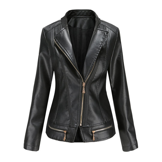 Damen schicke Kunstlederjacke mit tailliertem Schnitt und dekorativen Reißverschlüssen EB